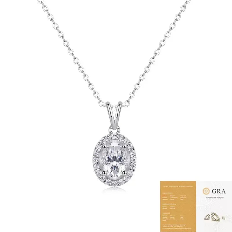 S925 Sterling Silver Oval Halo Moissanite Pendant Necklace, Hypoallergenic Jewelry Gift for Women
