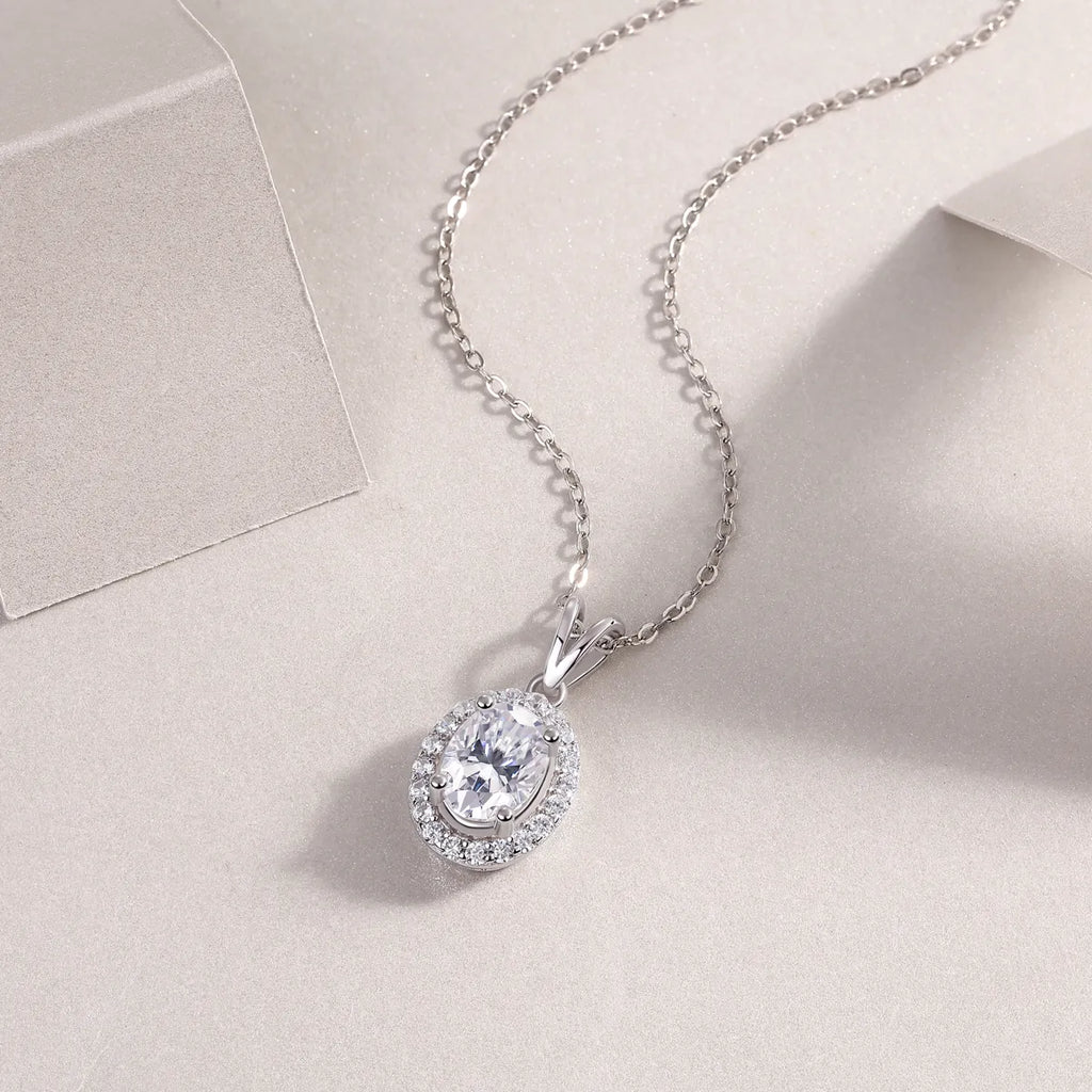 S925 Sterling Silver Oval Halo Moissanite Pendant Necklace, Hypoallergenic Jewelry Gift for Women