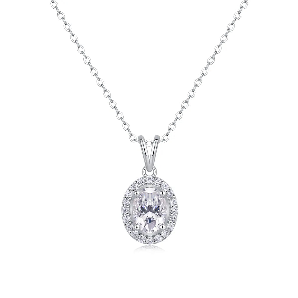 S925 Sterling Silver Oval Halo Moissanite Pendant Necklace, Hypoallergenic Jewelry Gift for Women
