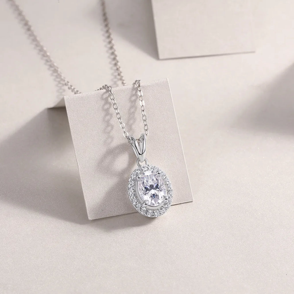 S925 Sterling Silver Oval Halo Moissanite Pendant Necklace, Hypoallergenic Jewelry Gift for Women