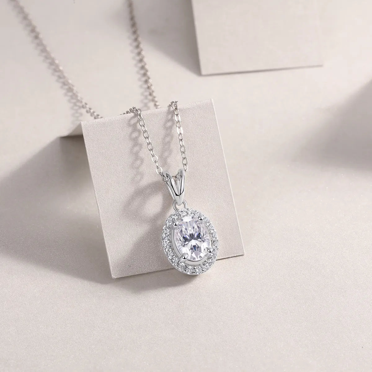 S925 Sterling Silver Oval Halo Moissanite Pendant Necklace, Hypoallergenic Jewelry Gift for Women