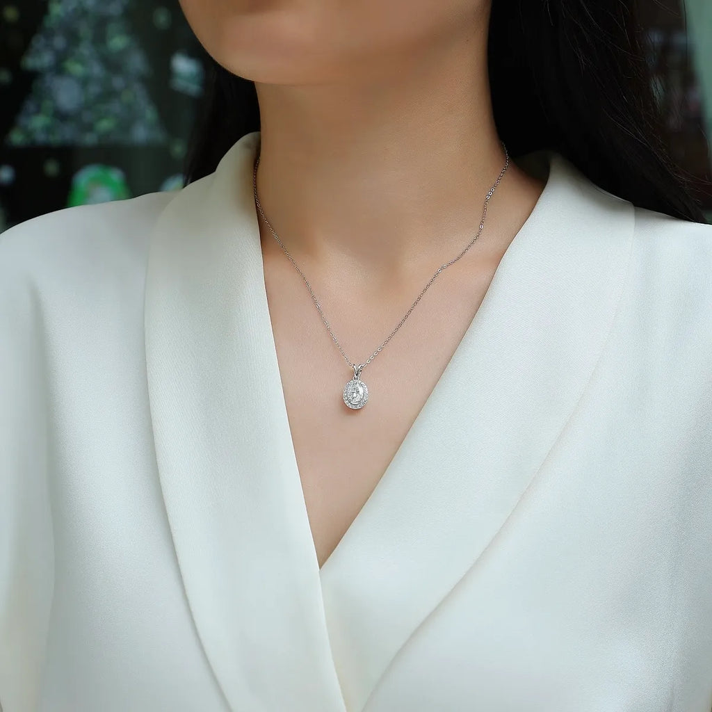 S925 Sterling Silver Oval Halo Moissanite Pendant Necklace, Hypoallergenic Jewelry Gift for Women