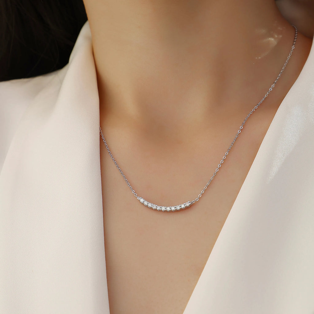 Curved Smile Bar Moissanite Pendant Necklace S925 Sterling Silver, Dainty Necklace for Daily Party Wear