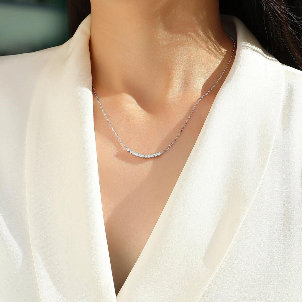 Curved Smile Bar Moissanite Pendant Necklace S925 Sterling Silver, Dainty Necklace for Daily Party Wear