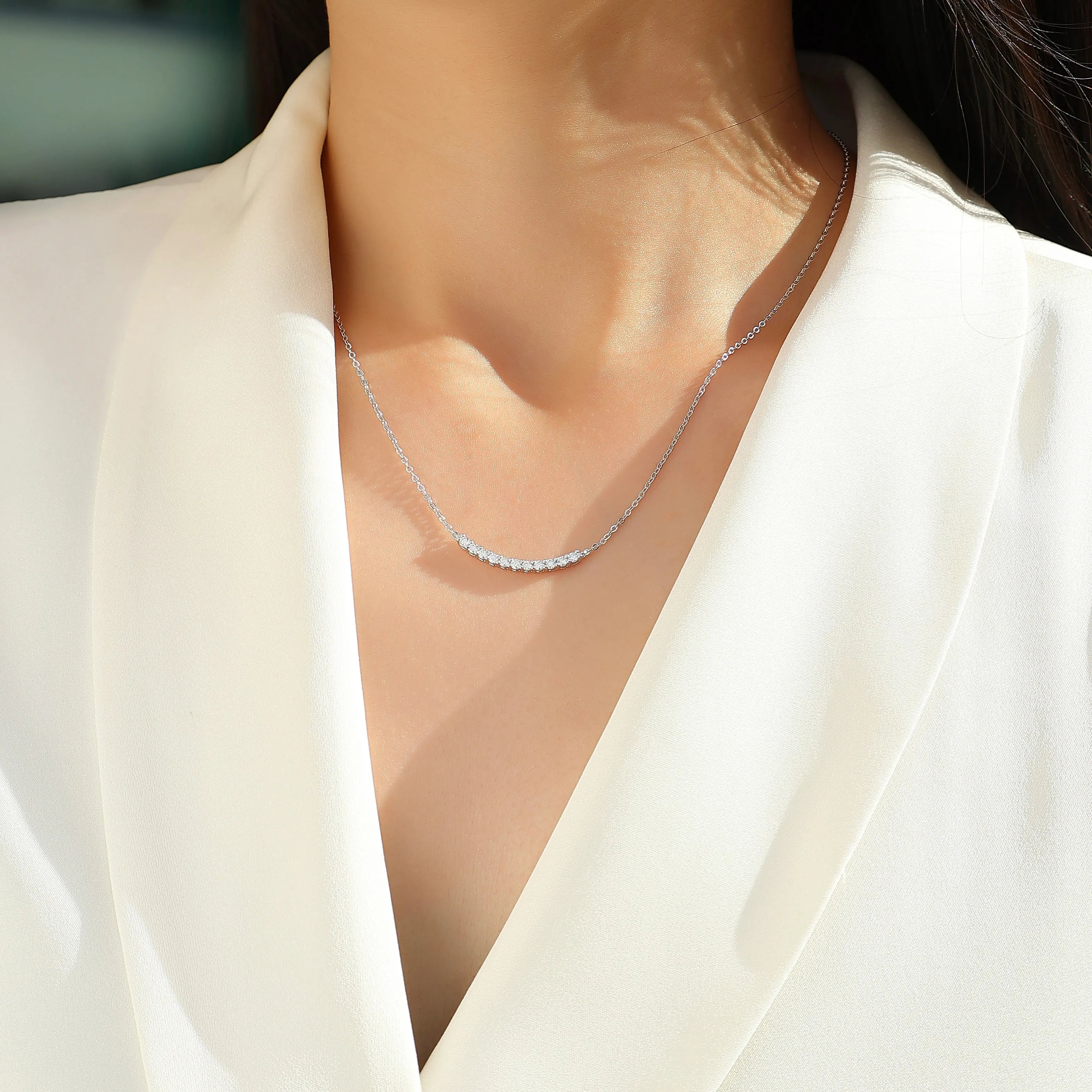Curved Smile Bar Moissanite Pendant Necklace S925 Sterling Silver, Dainty Necklace for Daily Party Wear