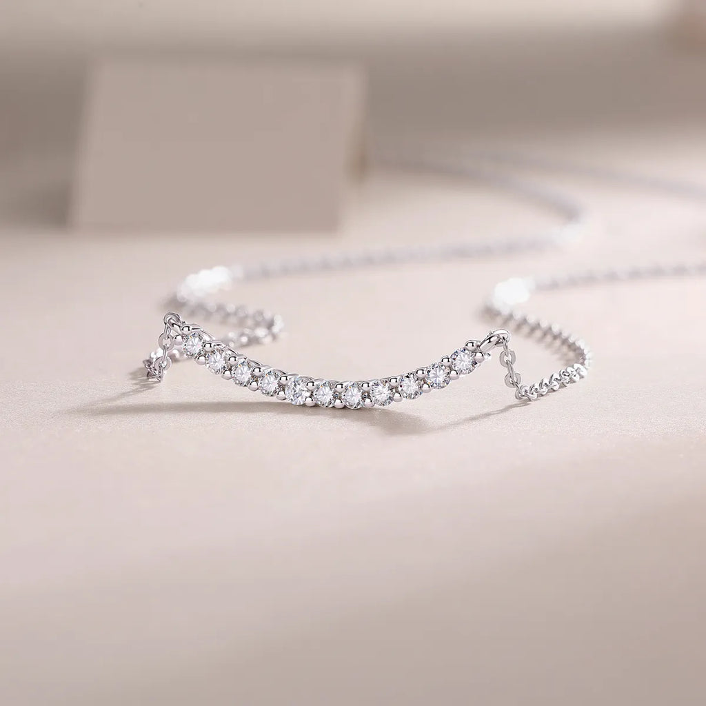 Curved Smile Bar Moissanite Pendant Necklace S925 Sterling Silver, Dainty Necklace for Daily Party Wear