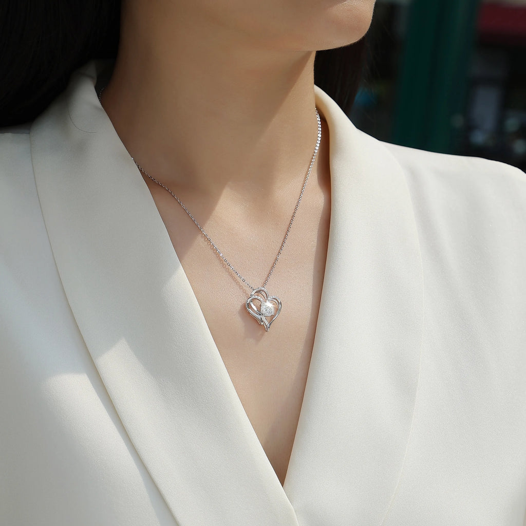 S925 Sterling Silver Double Heart Moissanite Pendant Necklace, Hypoallergenic Love Jewelry Gift for Women