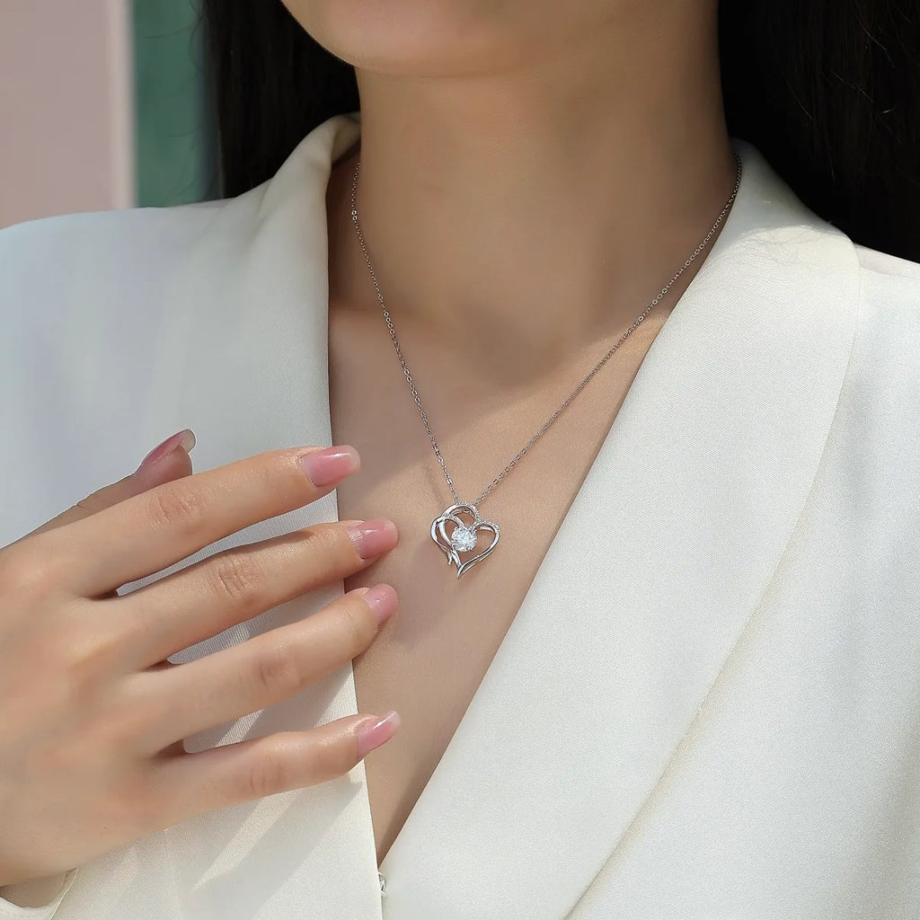 S925 Sterling Silver Double Heart Moissanite Pendant Necklace, Hypoallergenic Love Jewelry Gift for Women