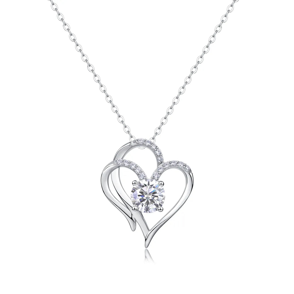 S925 Sterling Silver Double Heart Moissanite Pendant Necklace, Hypoallergenic Love Jewelry Gift for Women
