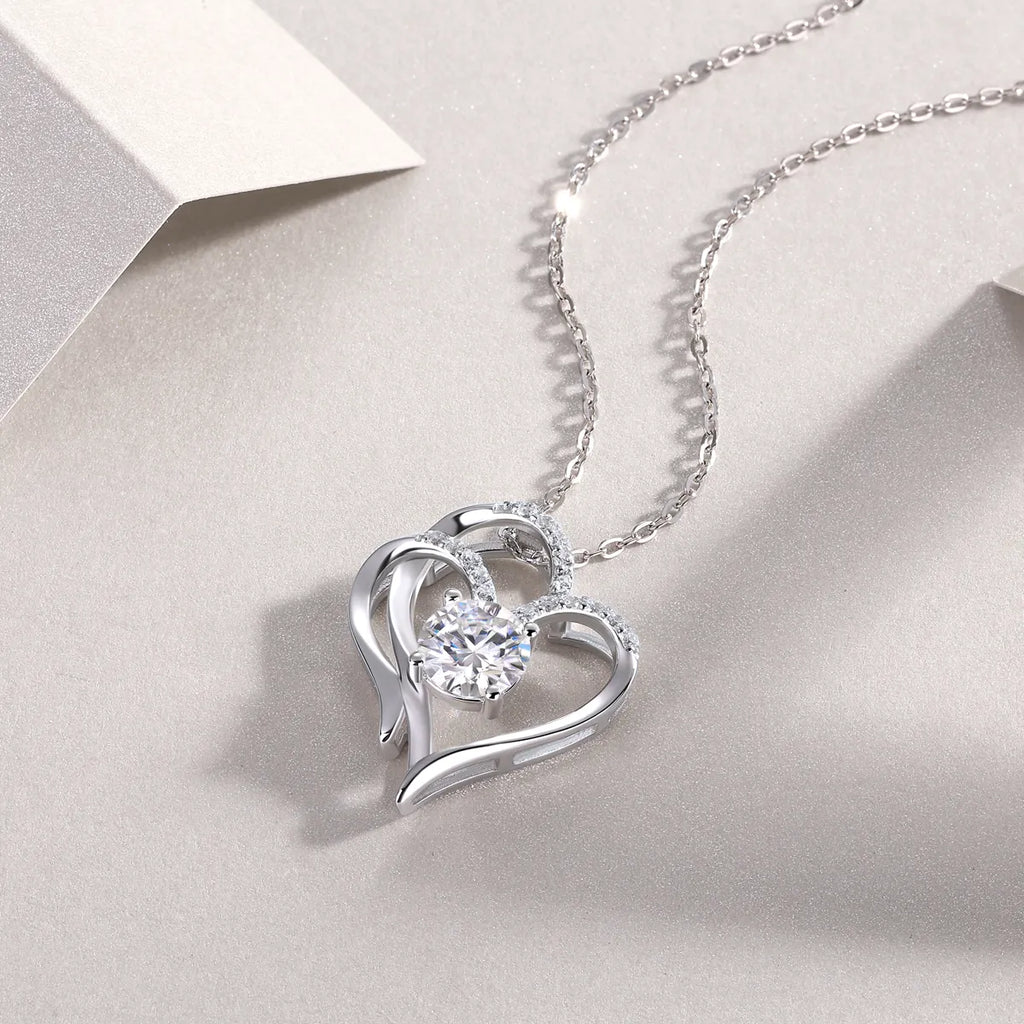 S925 Sterling Silver Double Heart Moissanite Pendant Necklace, Hypoallergenic Love Jewelry Gift for Women
