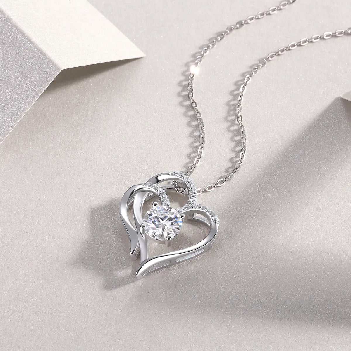 S925 Sterling Silver Double Heart Moissanite Pendant Necklace, Hypoallergenic Love Jewelry Gift for Women