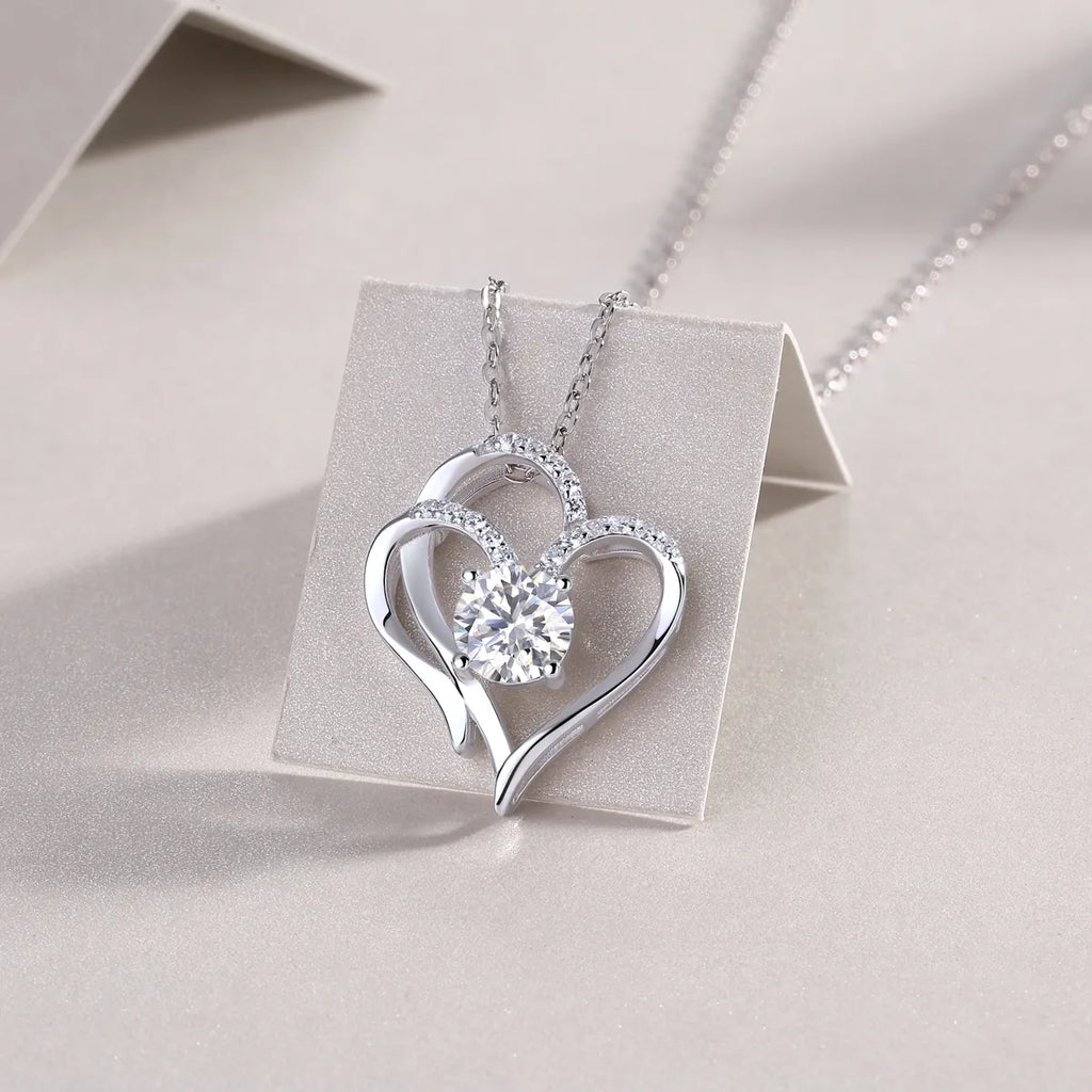 S925 Sterling Silver Double Heart Moissanite Pendant Necklace, Hypoallergenic Love Jewelry Gift for Women