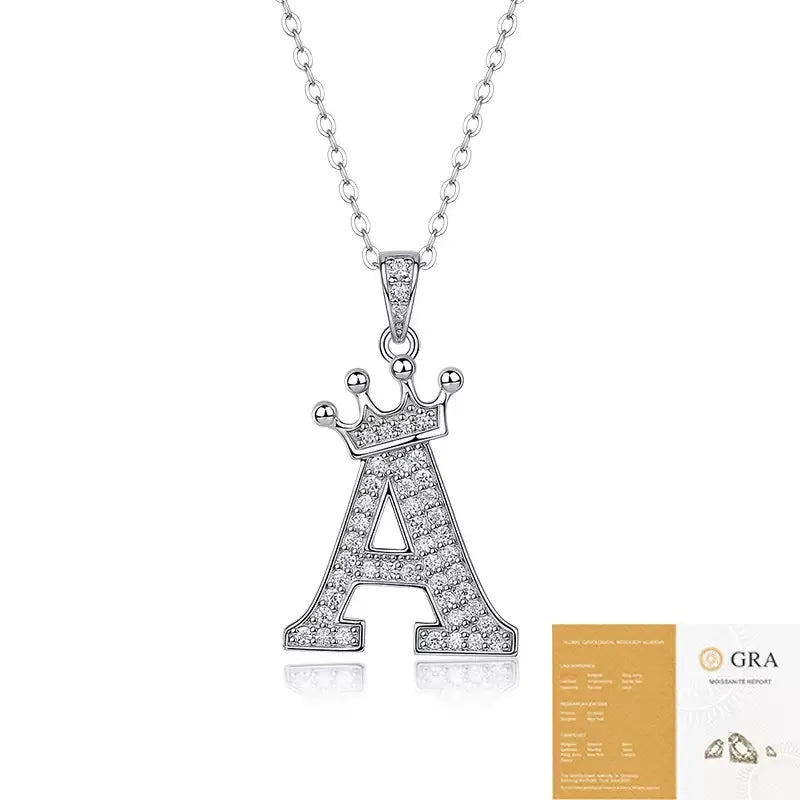 Crown Initial Letter Moissanite Pendant Necklace S925 Sterling Silver, Personalized A‑Z Alphabet Necklace for Daily Wear