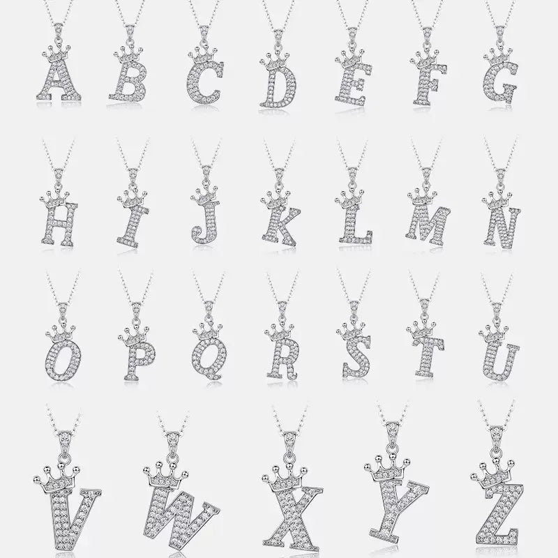 Crown Initial Letter Moissanite Pendant Necklace S925 Sterling Silver, Personalized A‑Z Alphabet Necklace for Daily Wear