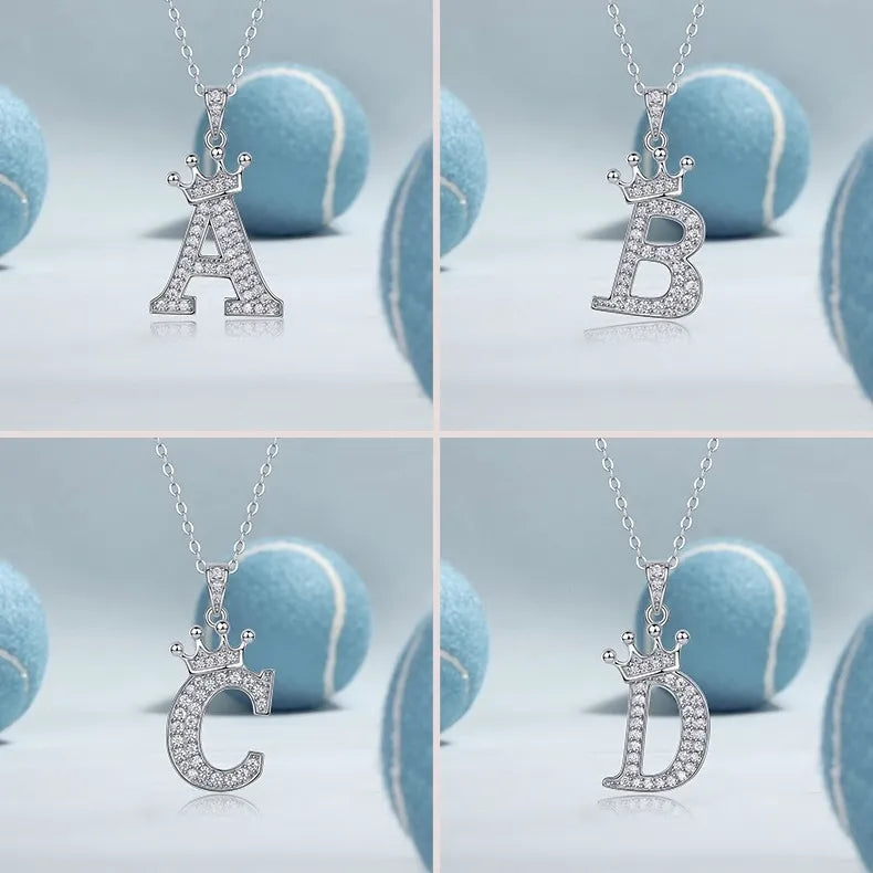 Crown Initial Letter Moissanite Pendant Necklace S925 Sterling Silver, Personalized A‑Z Alphabet Necklace for Daily Wear