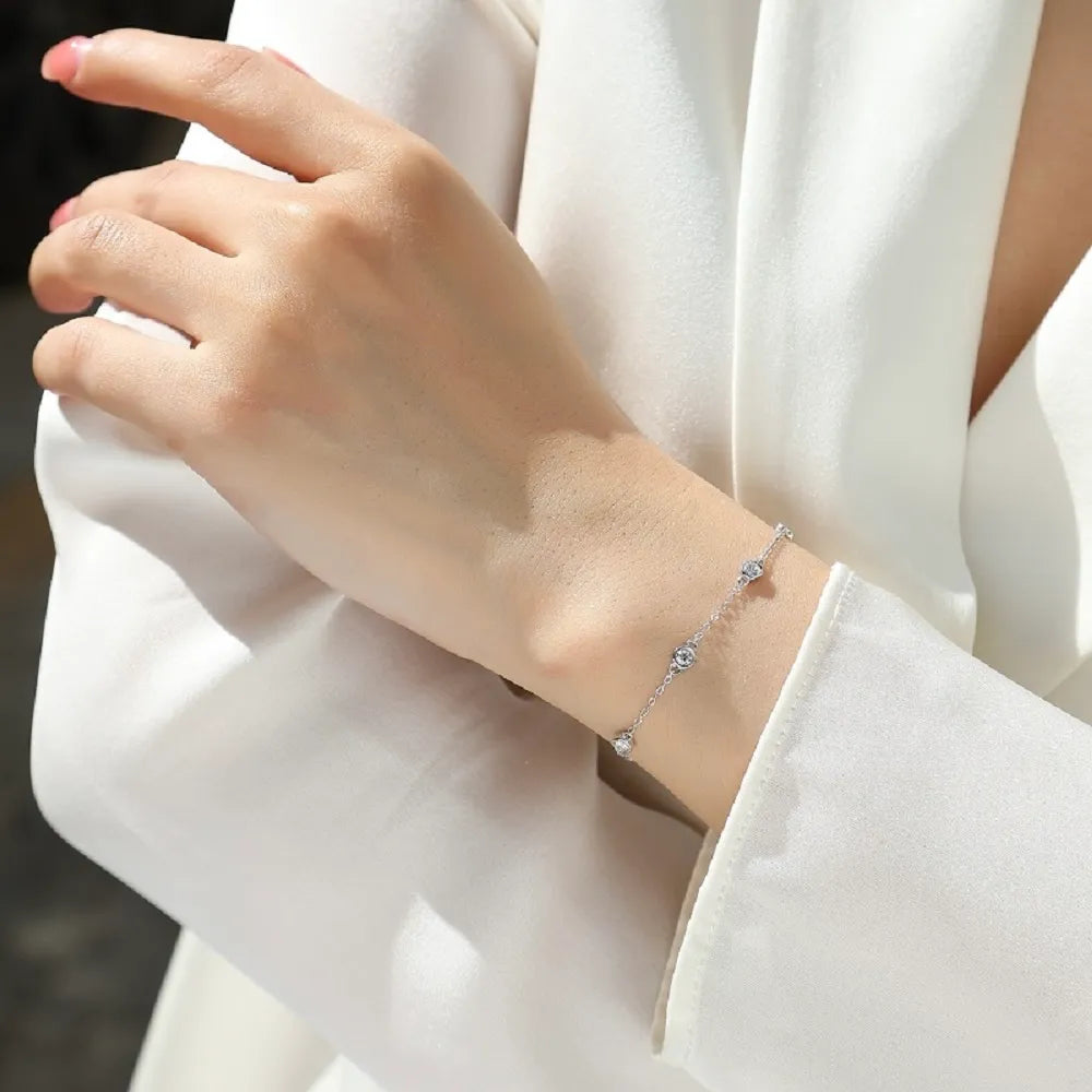 S925 Sterling Silver Round Moissanite Bracelet for Women, Adjustable Chain Bracelet
