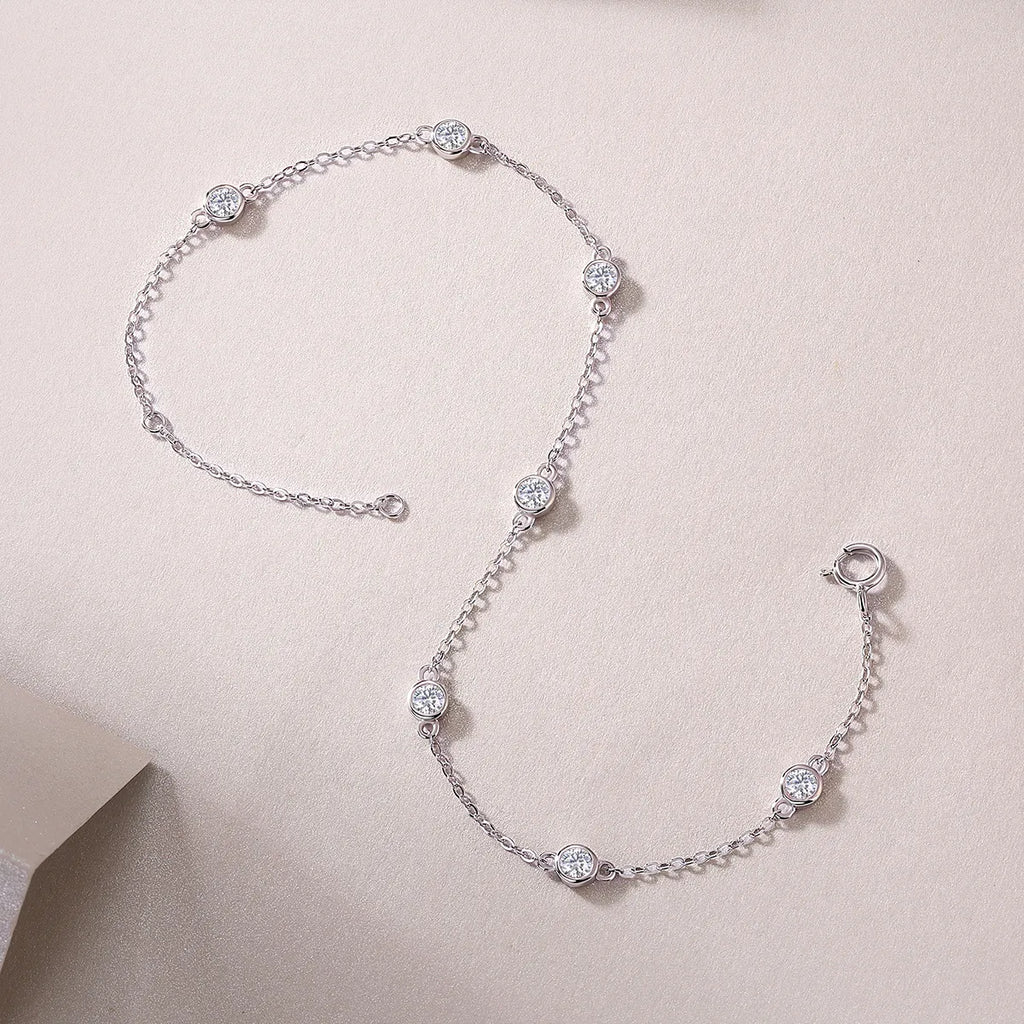 S925 Sterling Silver Round Moissanite Bracelet for Women, Adjustable Chain Bracelet