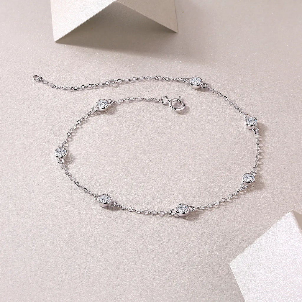 S925 Sterling Silver Round Moissanite Bracelet for Women, Adjustable Chain Bracelet