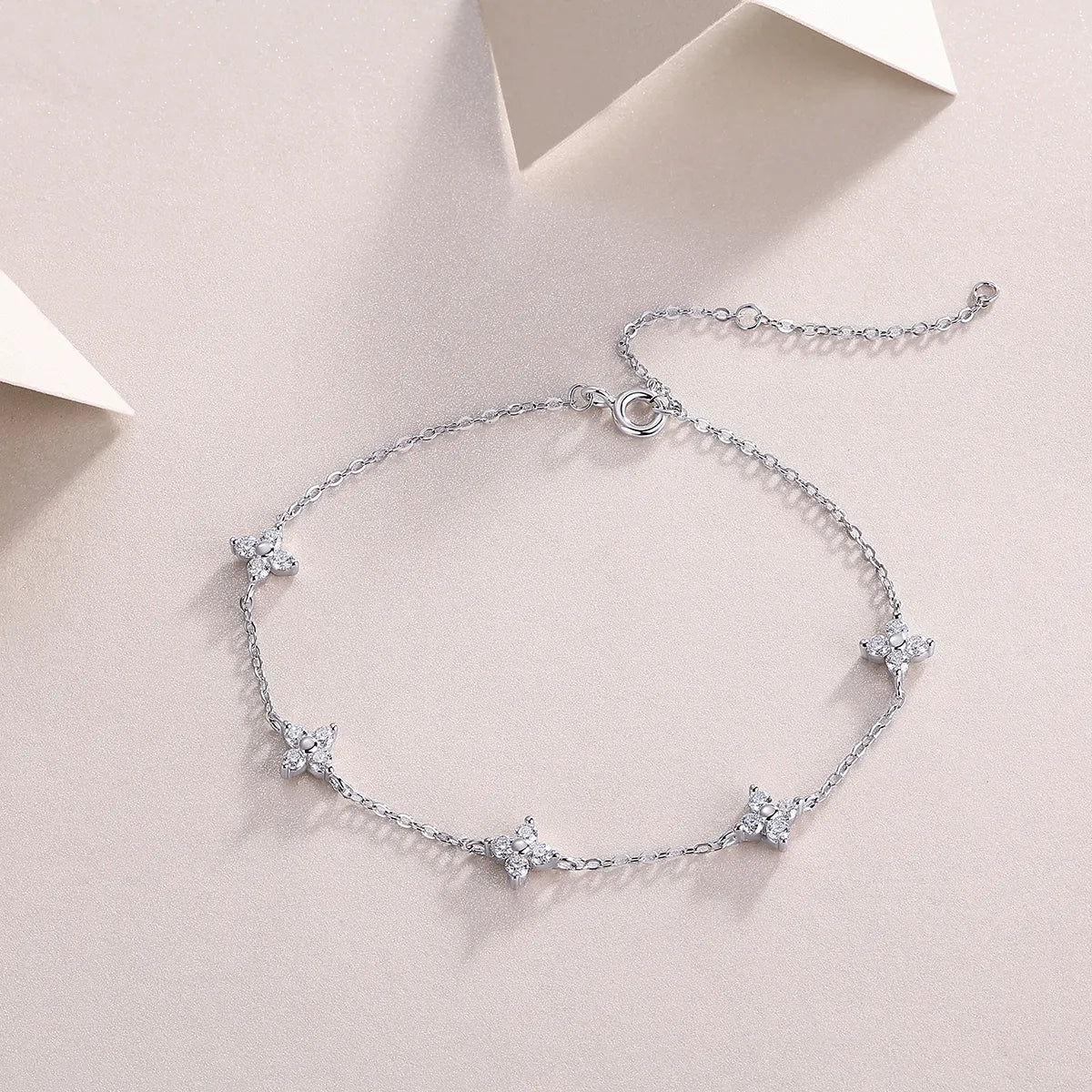 S925 Sterling Silver Four‑Leaf Clover Moissanite Bracelet for Women, Adjustable Station Bracelet
