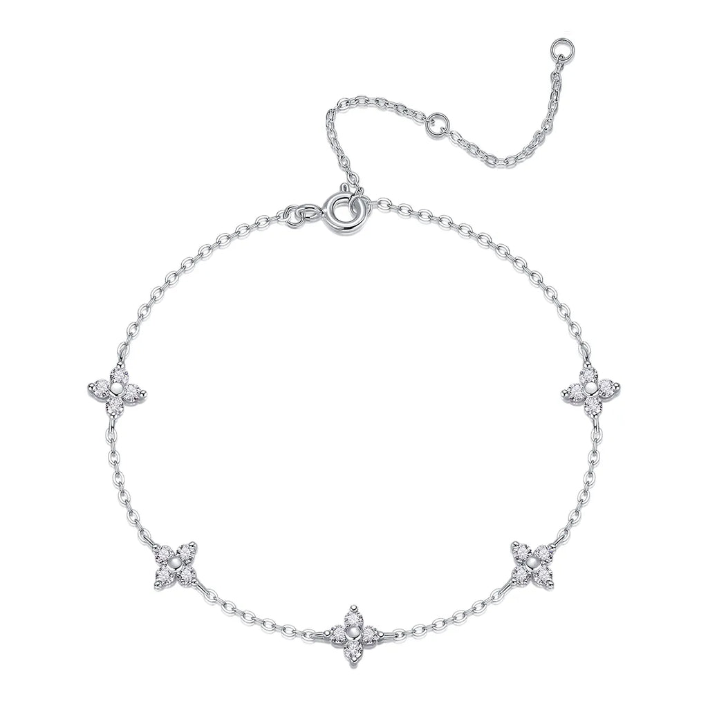 S925 Sterling Silver Four‑Leaf Clover Moissanite Bracelet for Women, Adjustable Station Bracelet