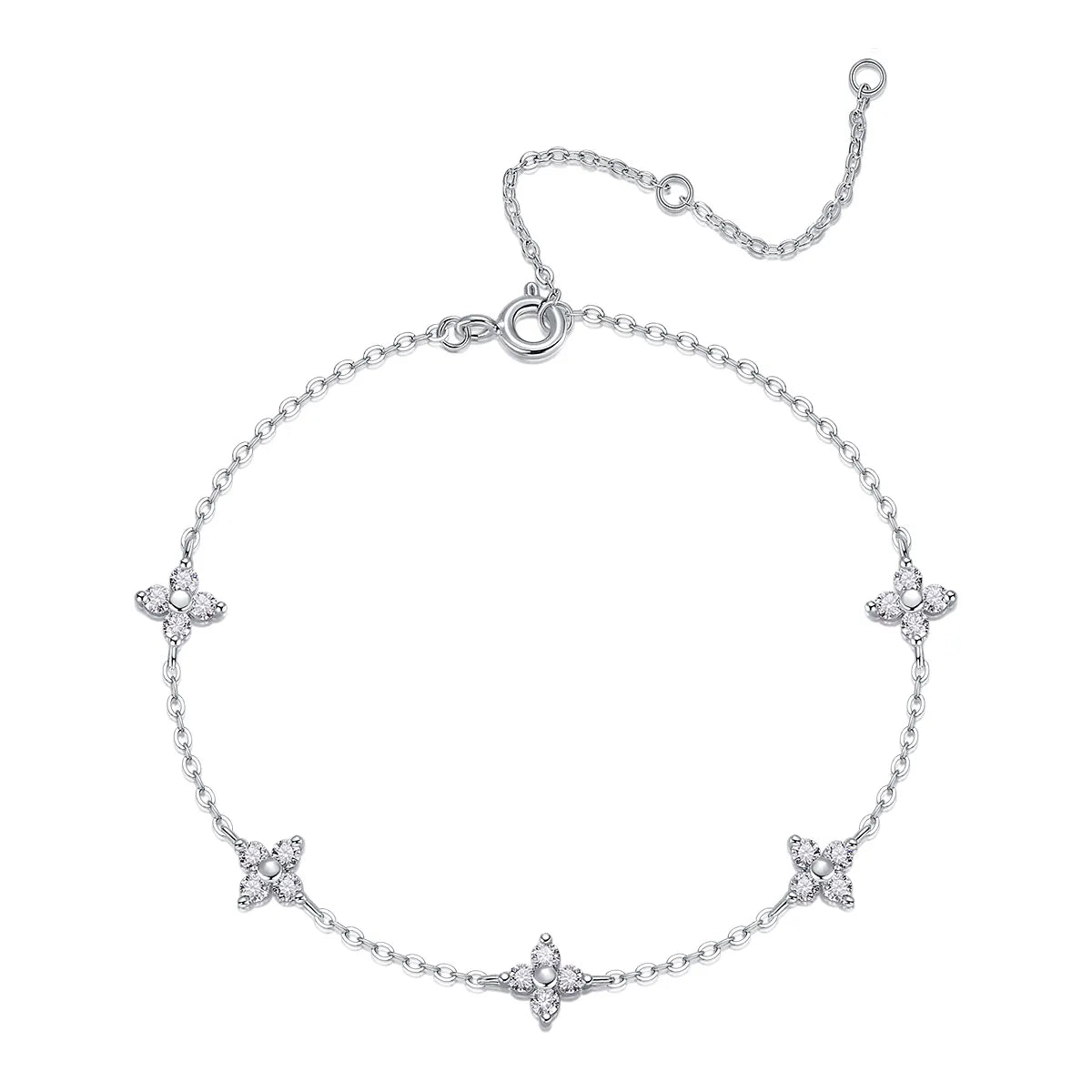 S925 Sterling Silver Four‑Leaf Clover Moissanite Bracelet for Women, Adjustable Station Bracelet