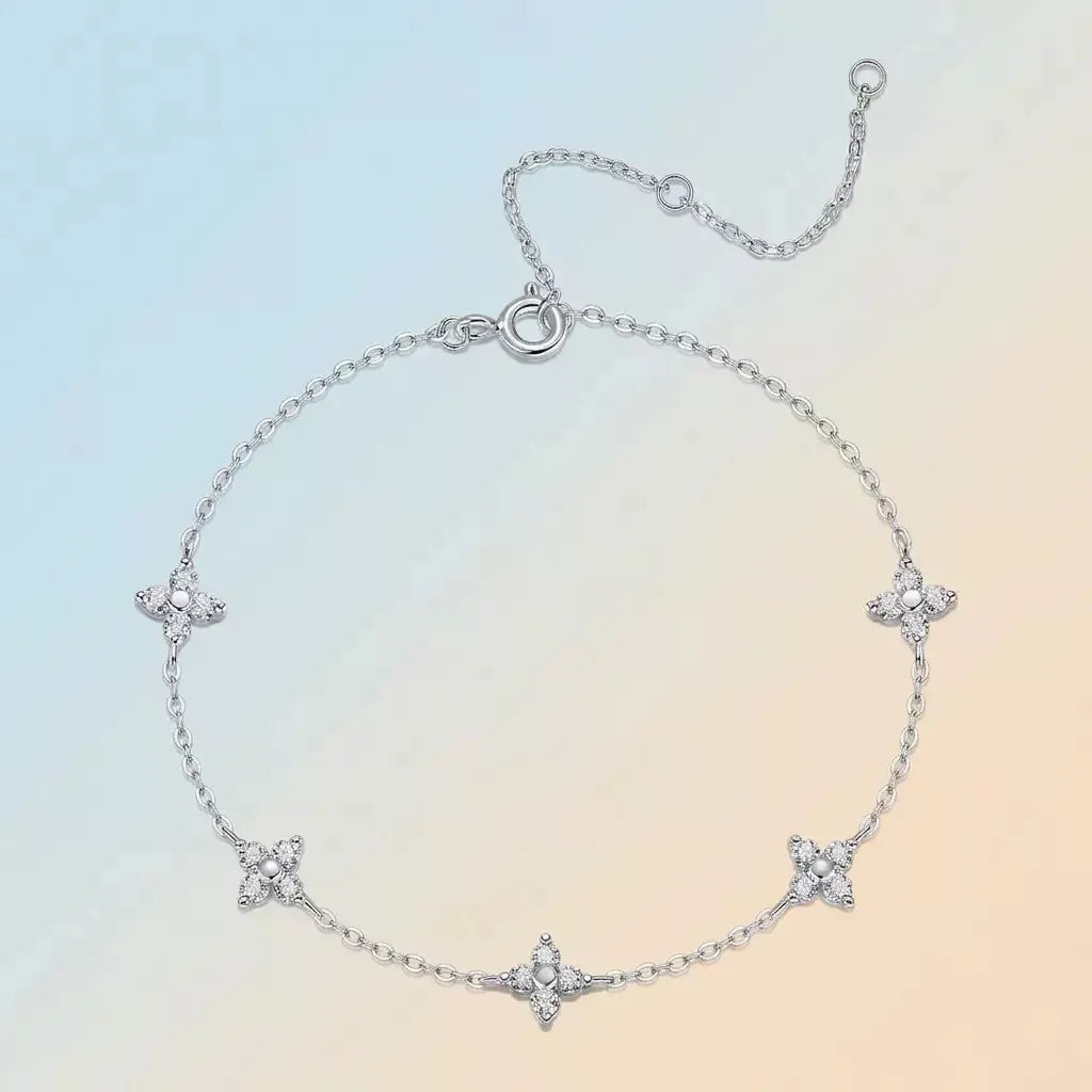 S925 Sterling Silver Four‑Leaf Clover Moissanite Bracelet for Women, Adjustable Station Bracelet