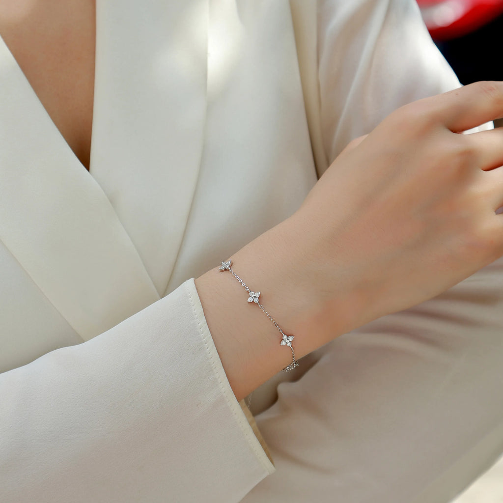 S925 Sterling Silver Four‑Leaf Clover Moissanite Bracelet for Women, Adjustable Station Bracelet