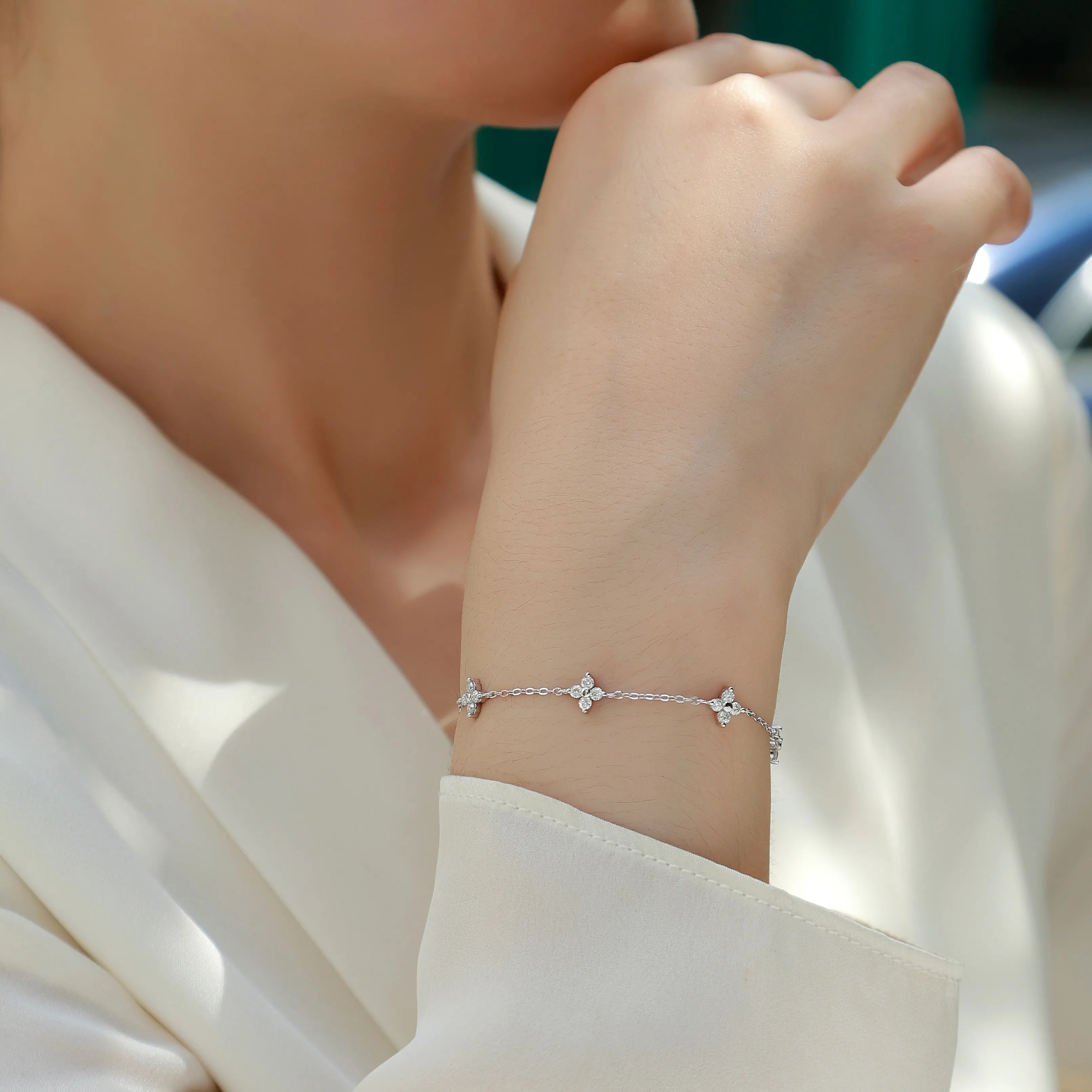 S925 Sterling Silver Four‑Leaf Clover Moissanite Bracelet for Women, Adjustable Station Bracelet