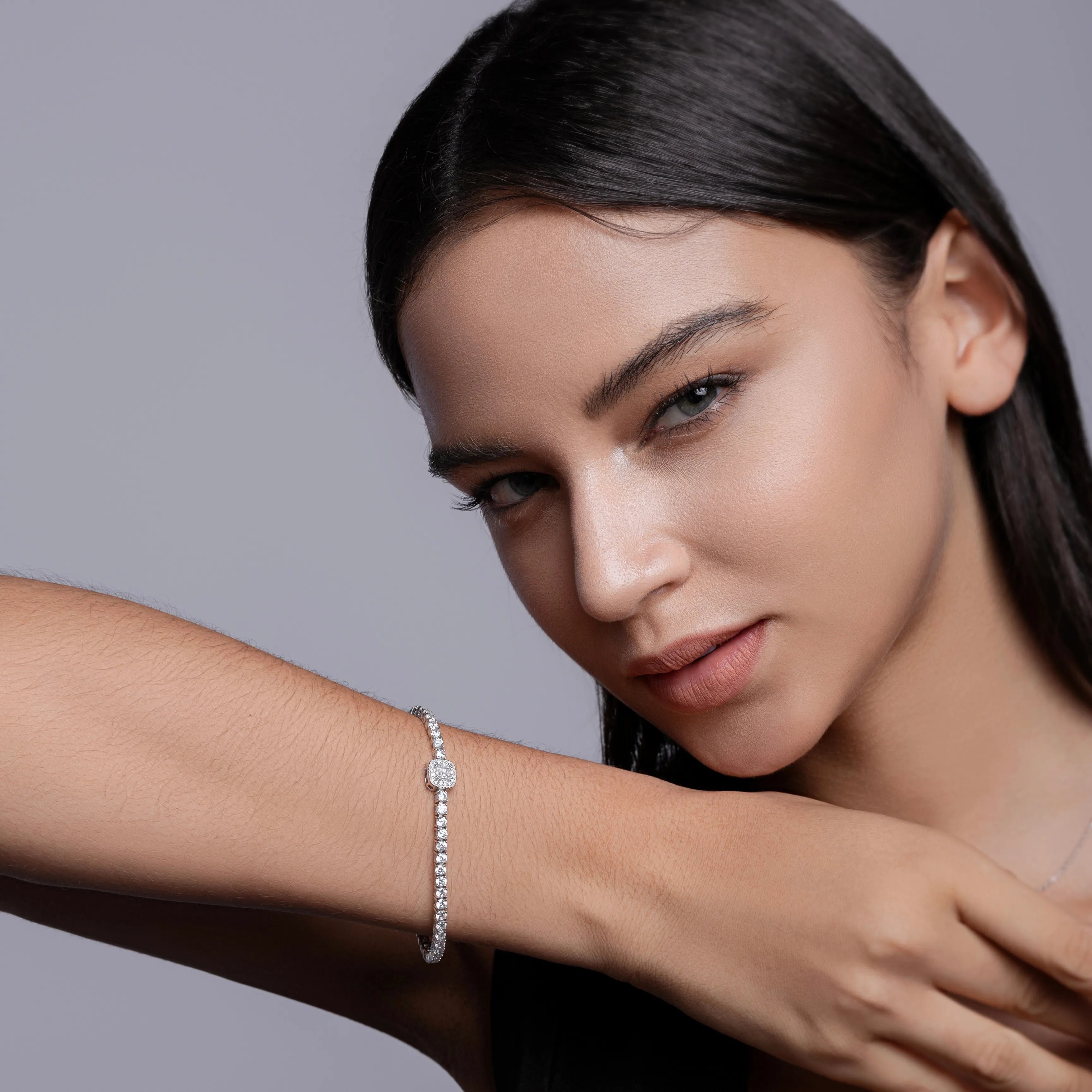 S925 Sterling Silver Center Square Halo Moissanite Tennis Bracelet for Women