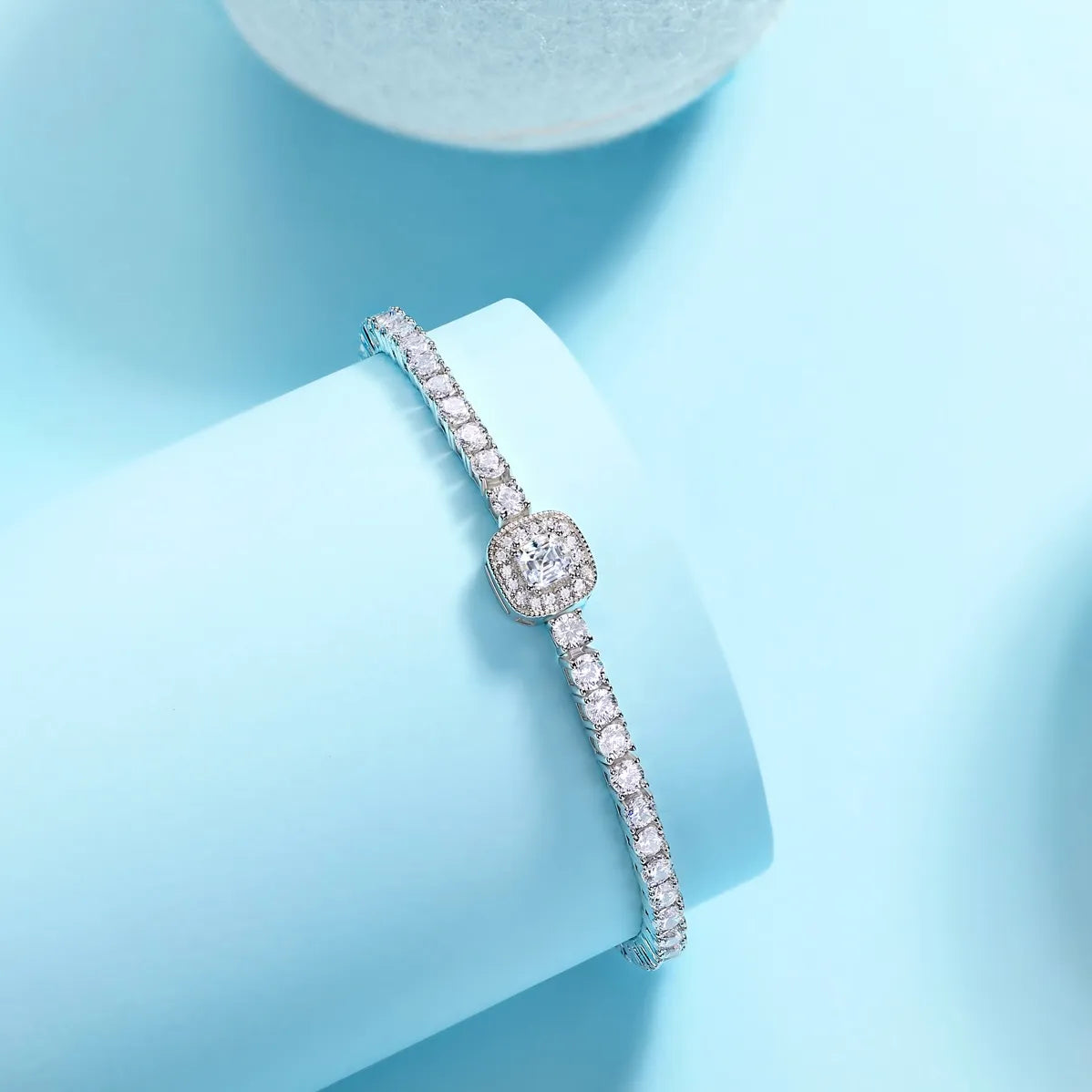 S925 Sterling Silver Center Square Halo Moissanite Tennis Bracelet for Women