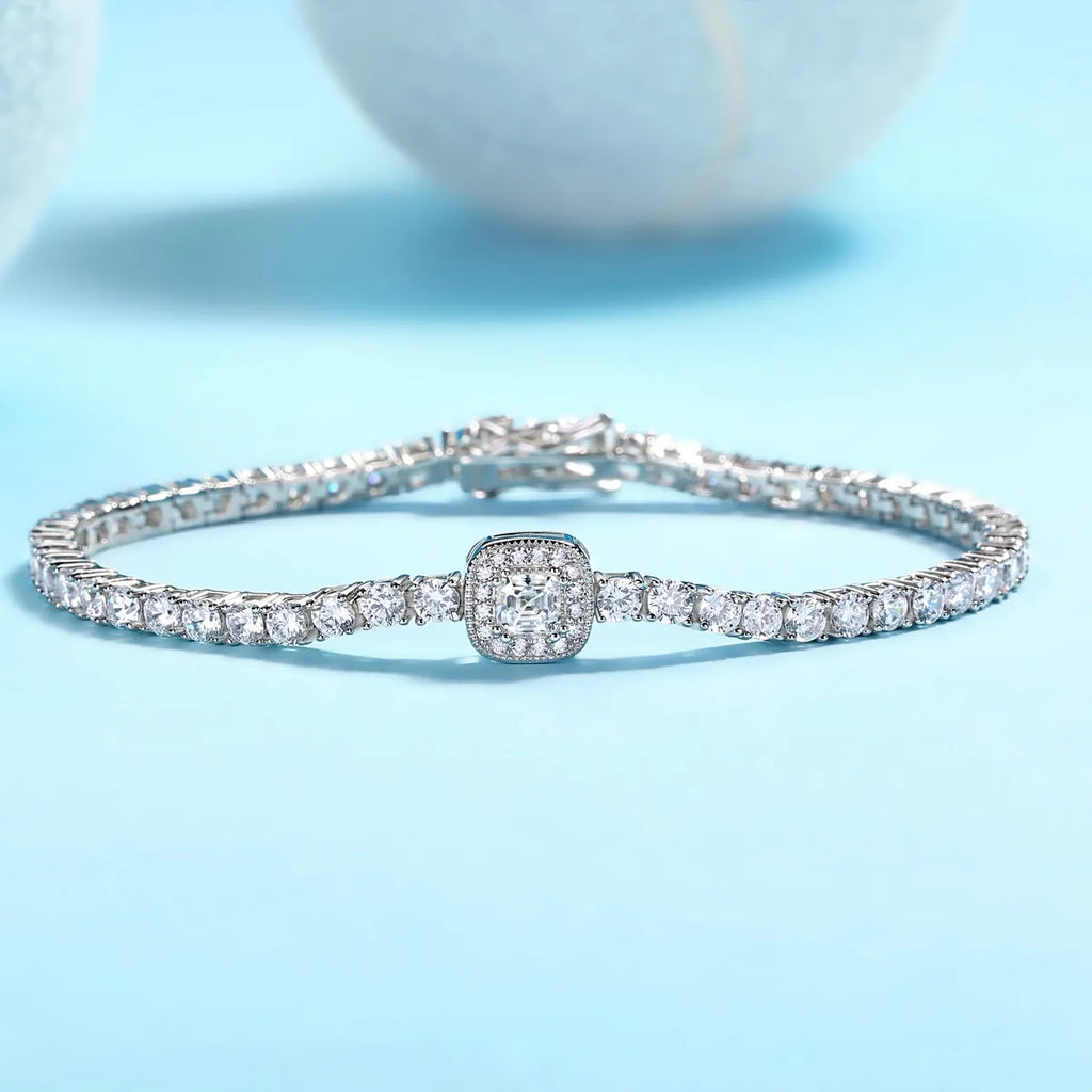S925 Sterling Silver Center Square Halo Moissanite Tennis Bracelet for Women