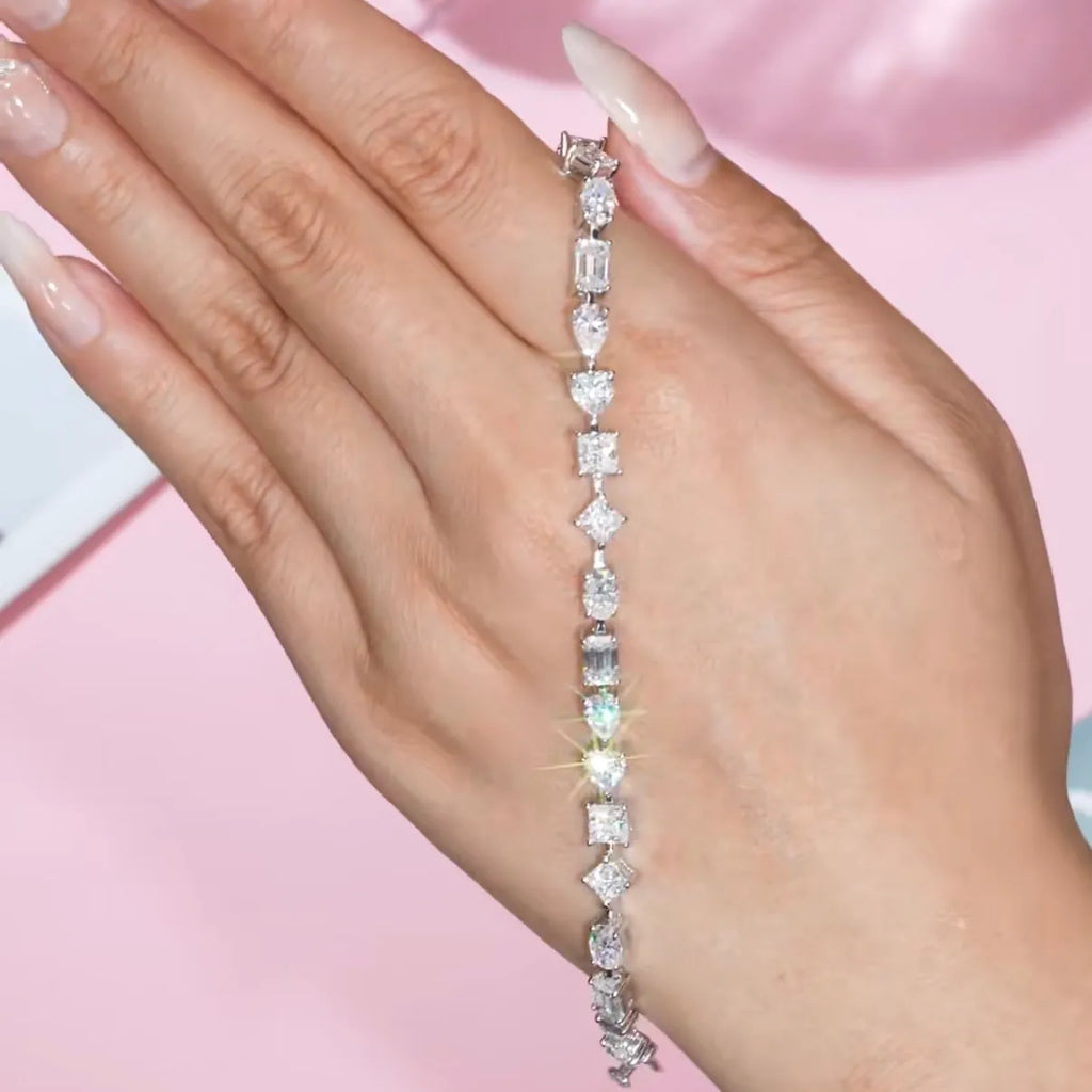 Elegant Multi‑Shape Mixed Cut Moissanite Tennis Bracelet for Ladies, S925 Silver Fine Jewelry