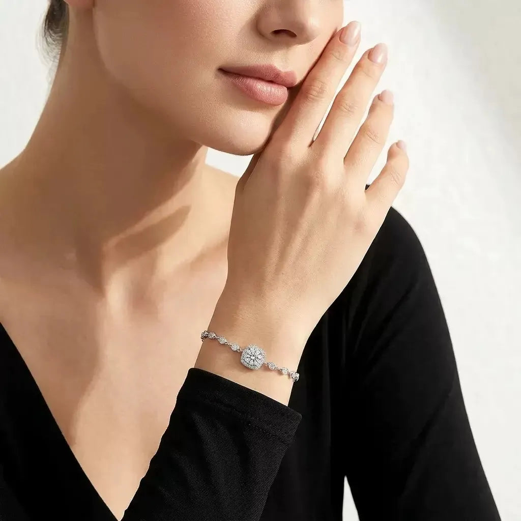 Women Shiny Cushion Halo Moissanite Adjustable Bezel Chain Bracelet, S925 Sterling Silver Bracelet