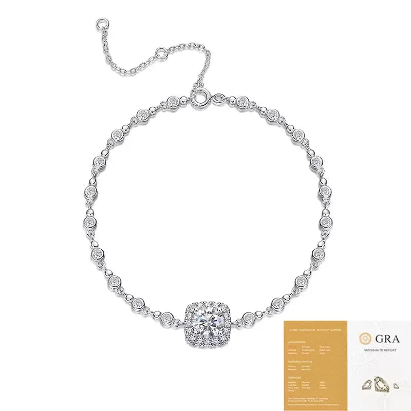 Women Shiny Cushion Halo Moissanite Adjustable Bezel Chain Bracelet, S925 Sterling Silver Bracelet