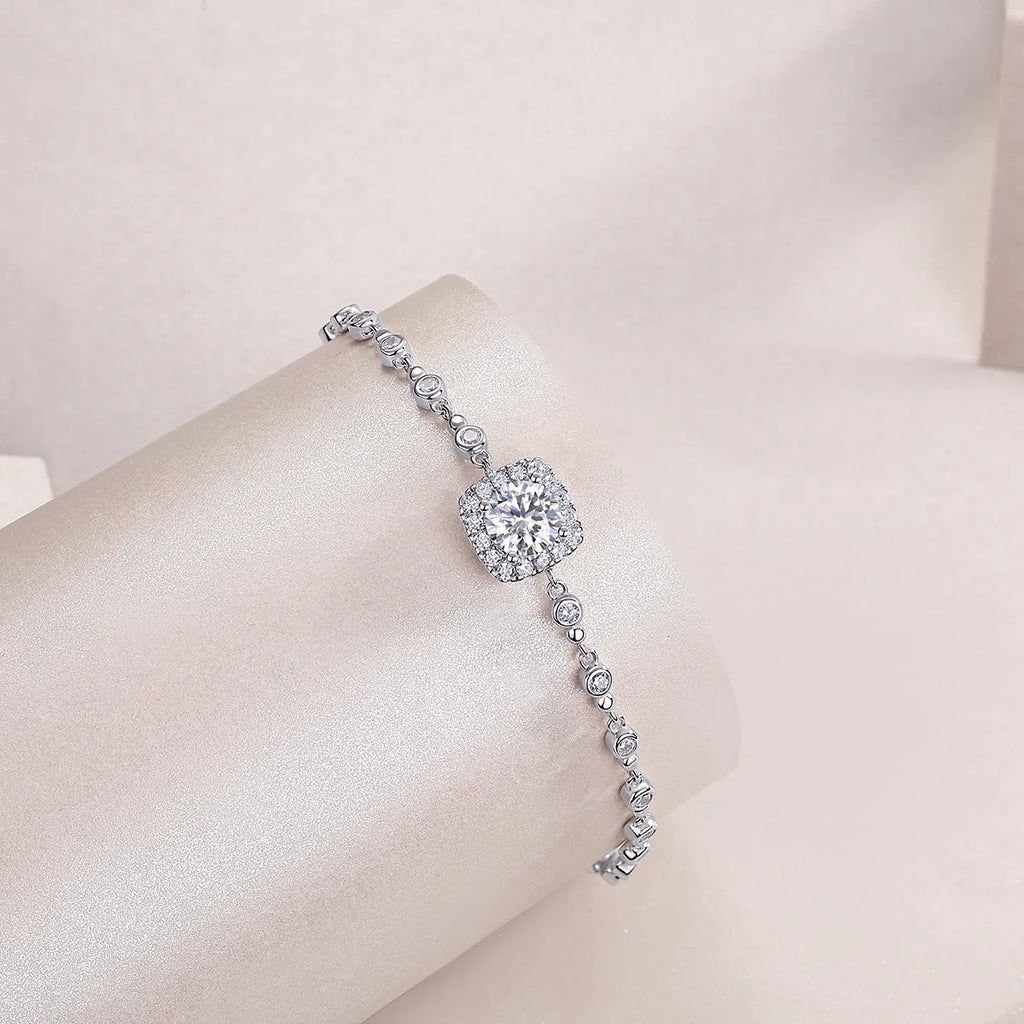Women Shiny Cushion Halo Moissanite Adjustable Bezel Chain Bracelet, S925 Sterling Silver Bracelet