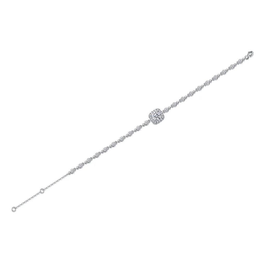 Women Shiny Cushion Halo Moissanite Adjustable Bezel Chain Bracelet, S925 Sterling Silver Bracelet