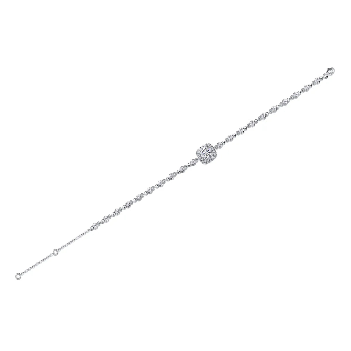 Women Shiny Cushion Halo Moissanite Adjustable Bezel Chain Bracelet, S925 Sterling Silver Bracelet
