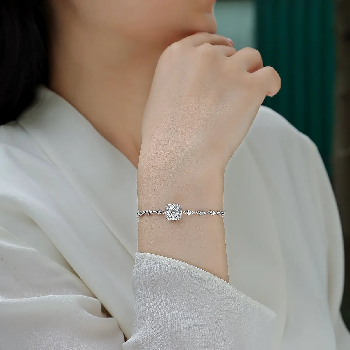 Women Shiny Cushion Halo Moissanite Adjustable Bezel Chain Bracelet, S925 Sterling Silver Bracelet