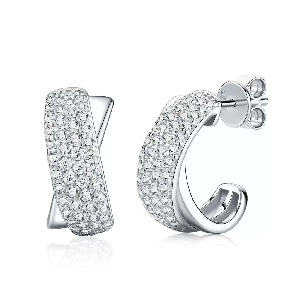 S925 Sterling Silver Pave Moissanite C‑Shape Huggie Earrings for Women