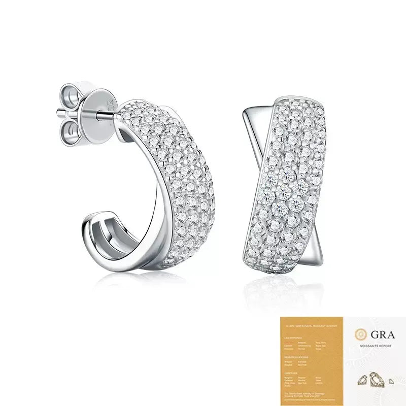S925 Sterling Silver Pave Moissanite C‑Shape Huggie Earrings for Women