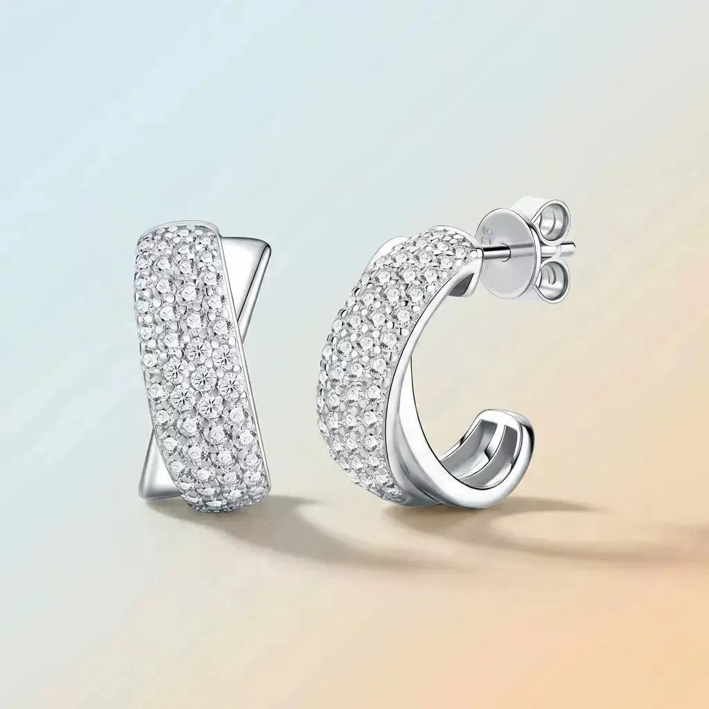 S925 Sterling Silver Pave Moissanite C‑Shape Huggie Earrings for Women
