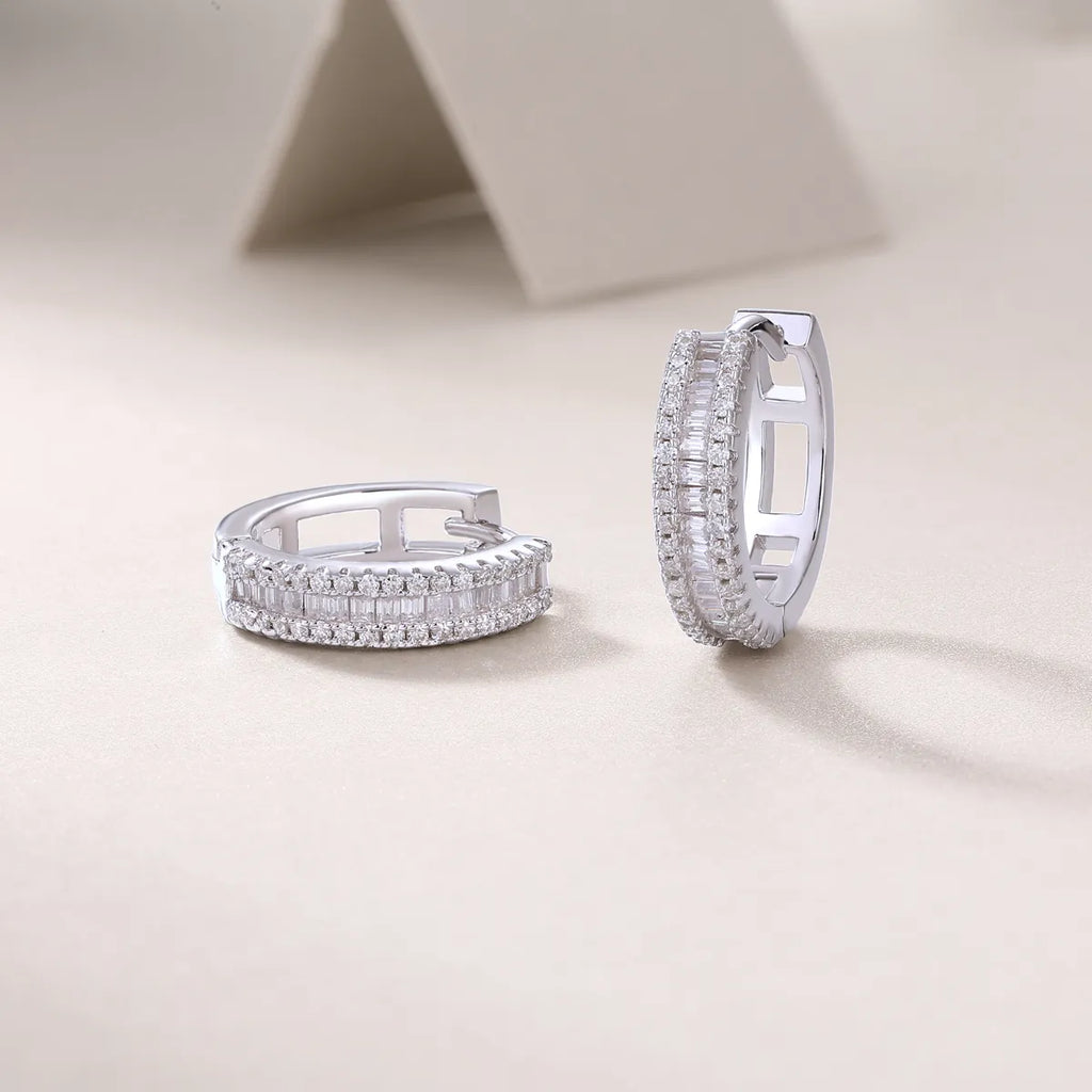 S925 Sterling Silver Baguette & Round Moissanite Huggie Hoop Earrings for Women