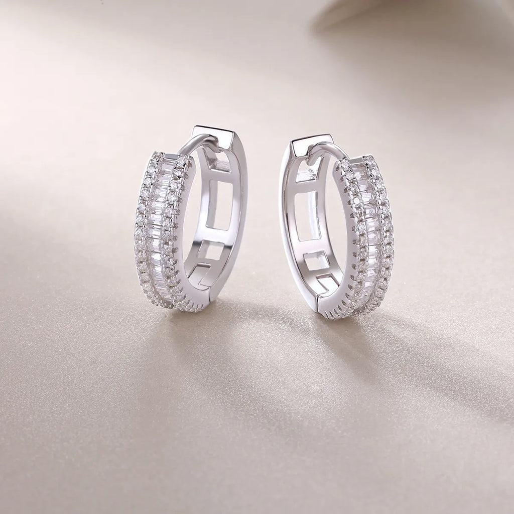 S925 Sterling Silver Baguette & Round Moissanite Huggie Hoop Earrings for Women