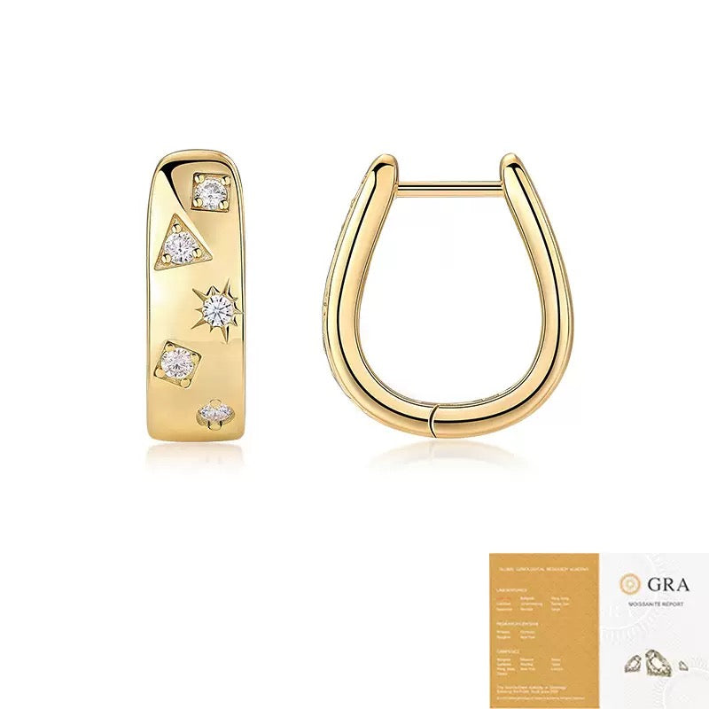 Gold Plated Star Geometric Moissanite U‑Shape Huggie Earrings S925 Silver