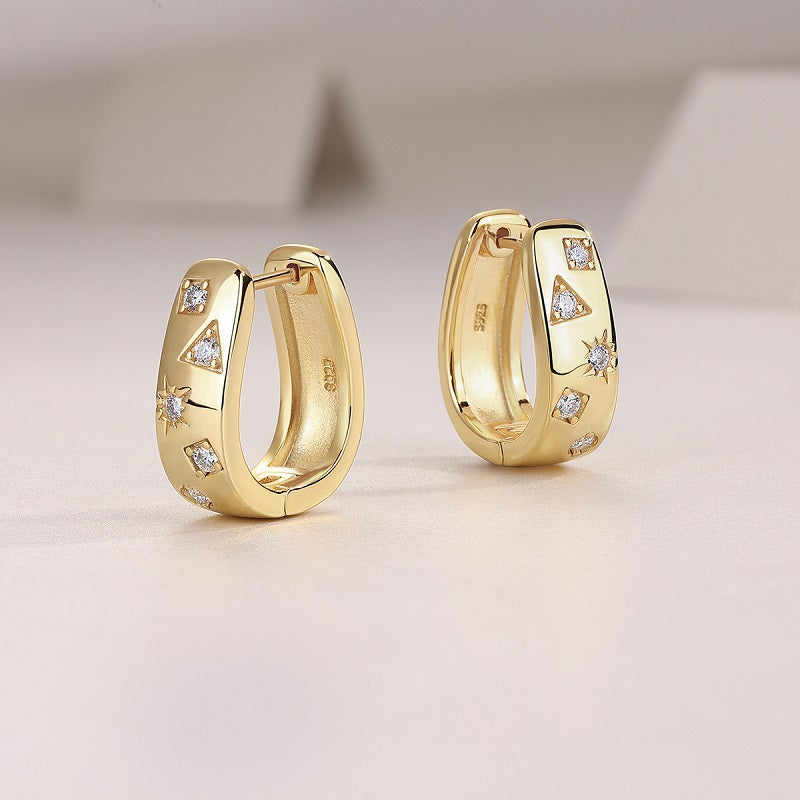 Gold Plated Star Geometric Moissanite U‑Shape Huggie Earrings S925 Silver