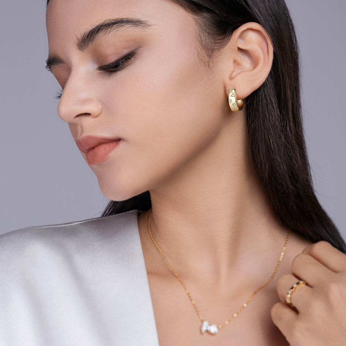 Gold Plated Star Geometric Moissanite U‑Shape Huggie Earrings S925 Silver