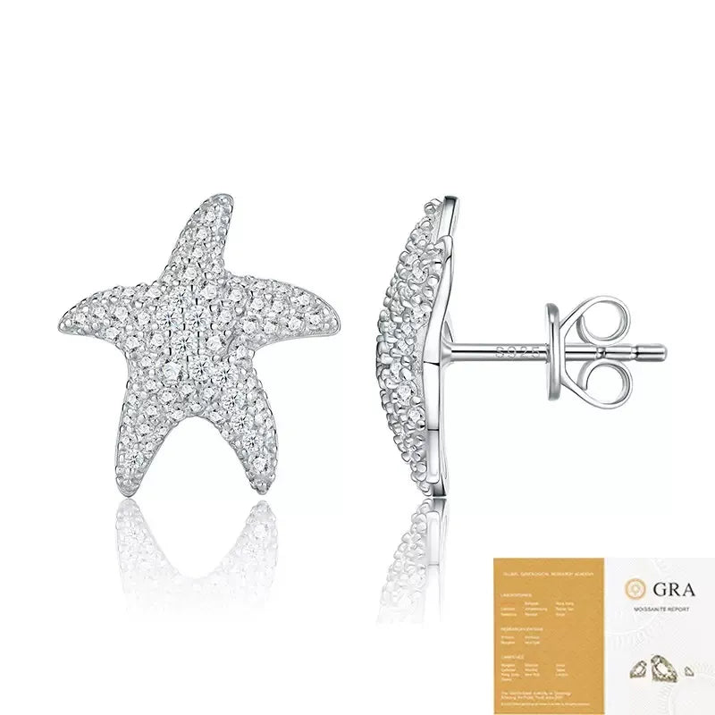 S925 Silver Starfish Pave Moissanite Stud Earrings Women
