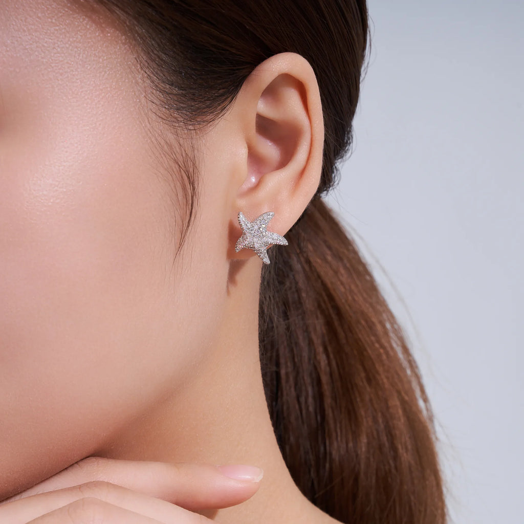 S925 Silver Starfish Pave Moissanite Stud Earrings Women