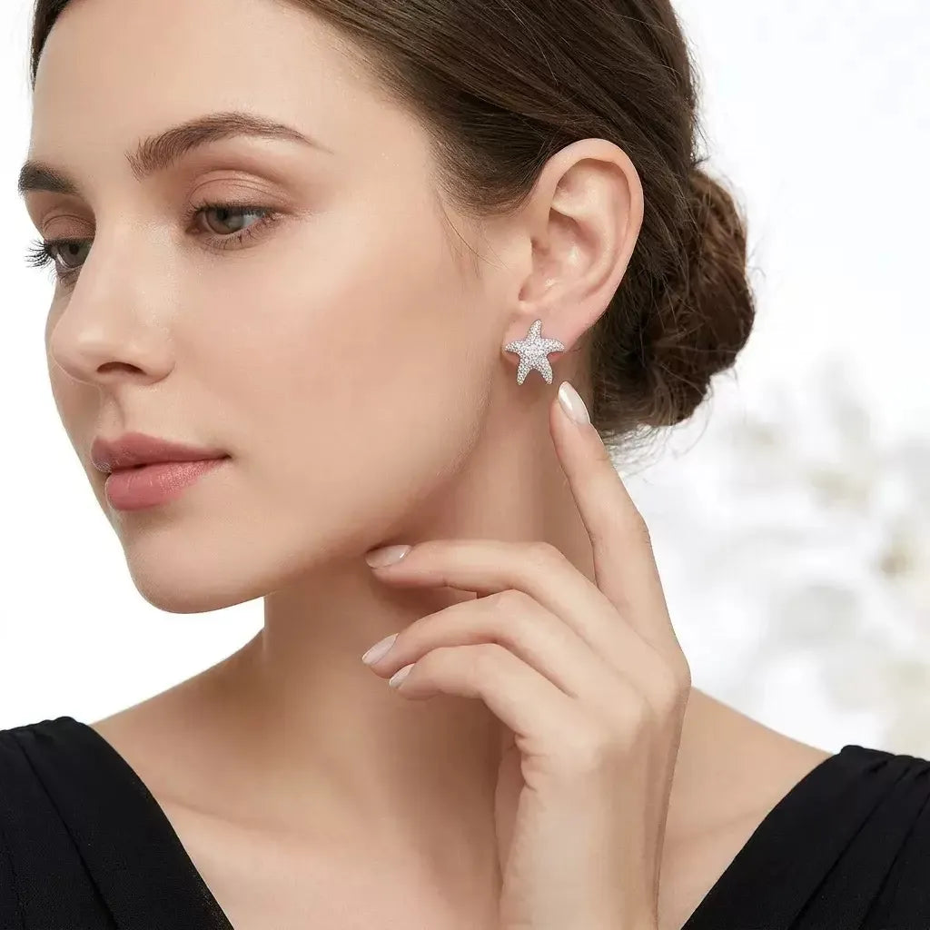 S925 Silver Starfish Pave Moissanite Stud Earrings Women