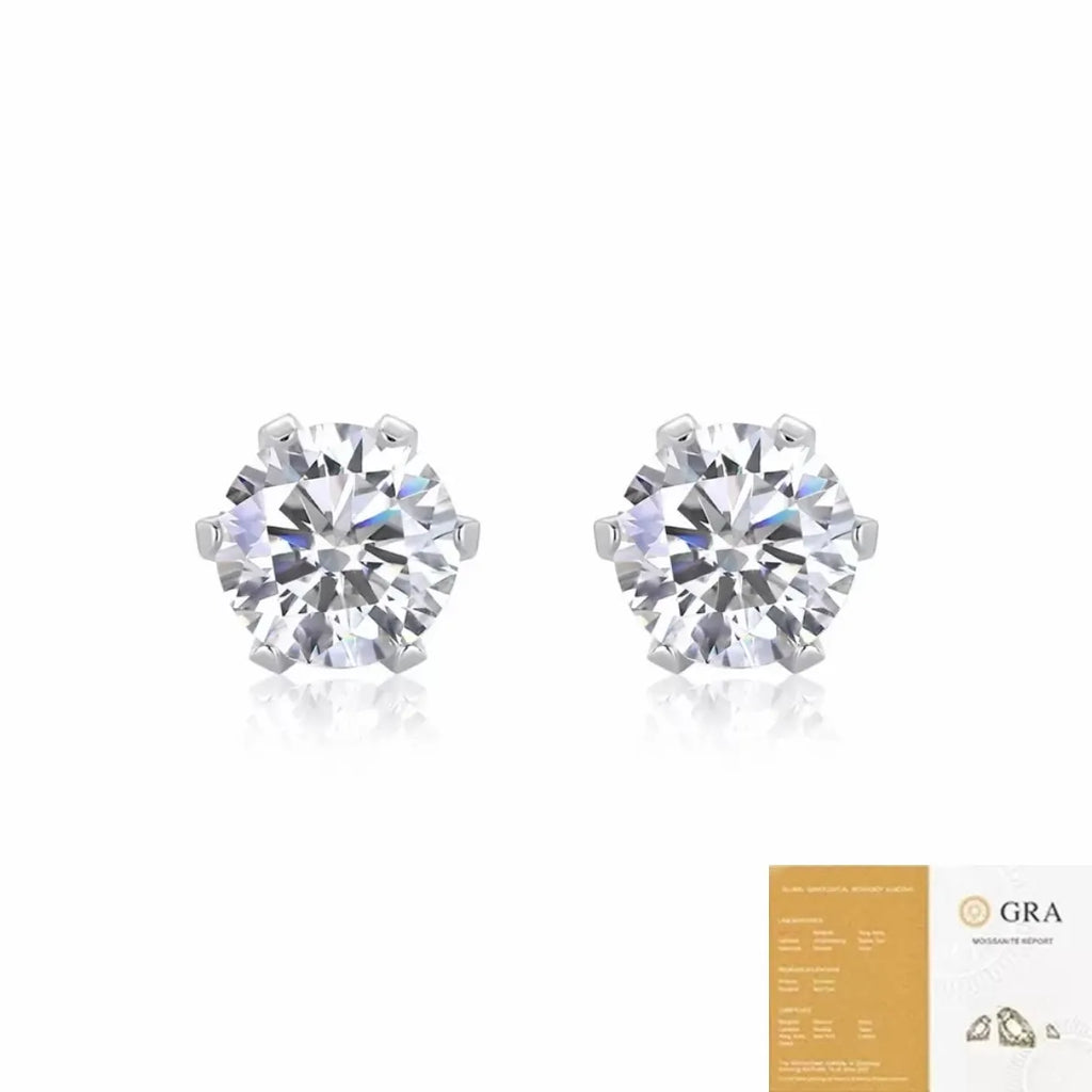 S925 Sterling Silver Round Cut 6‑Prong Moissanite Stud Earrings for Women